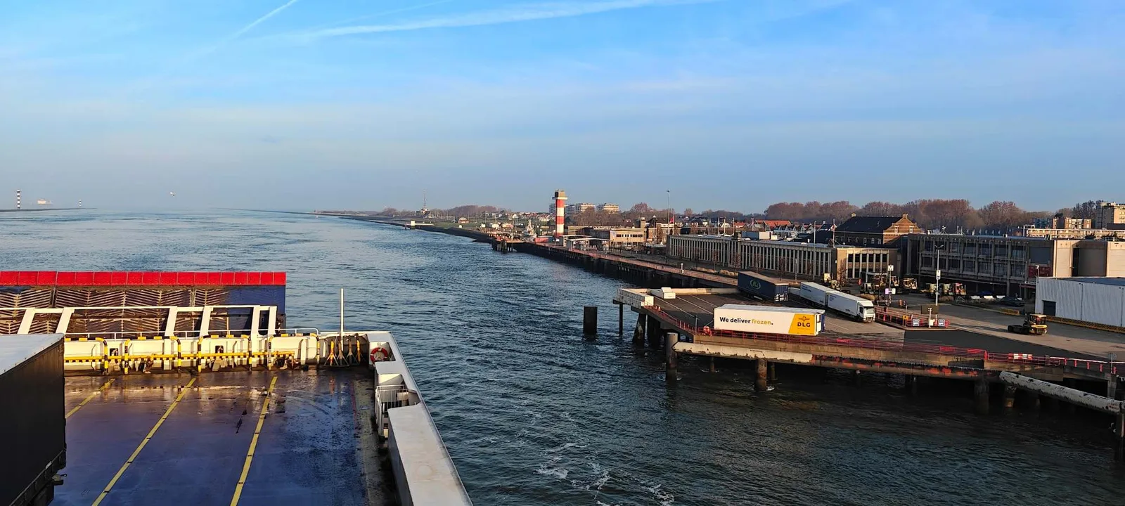 Sailing into Hook of Holland past the quay, seen from the deck of the Stena Line ferry