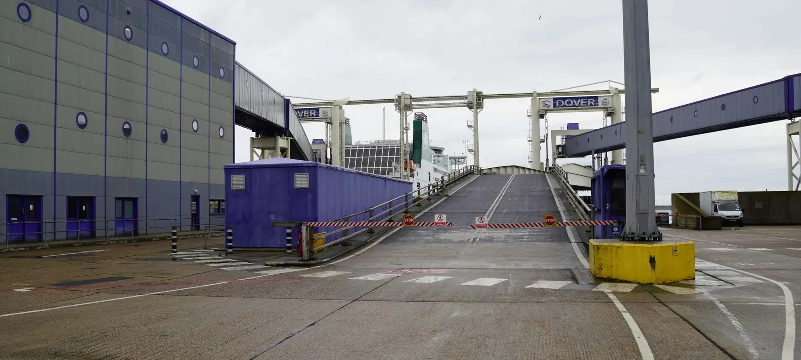 The vehicle ramp and gantries at the Port of Dover, with a ferry at the berth