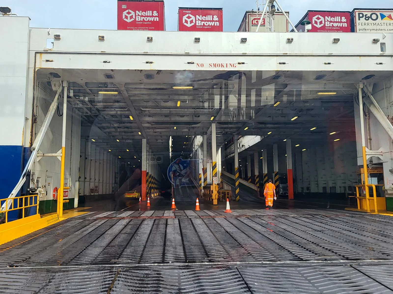 Driving in through the bow door, freight stacked above
