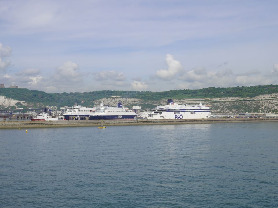 Several ferries waiting for departure from the busy port of Dover