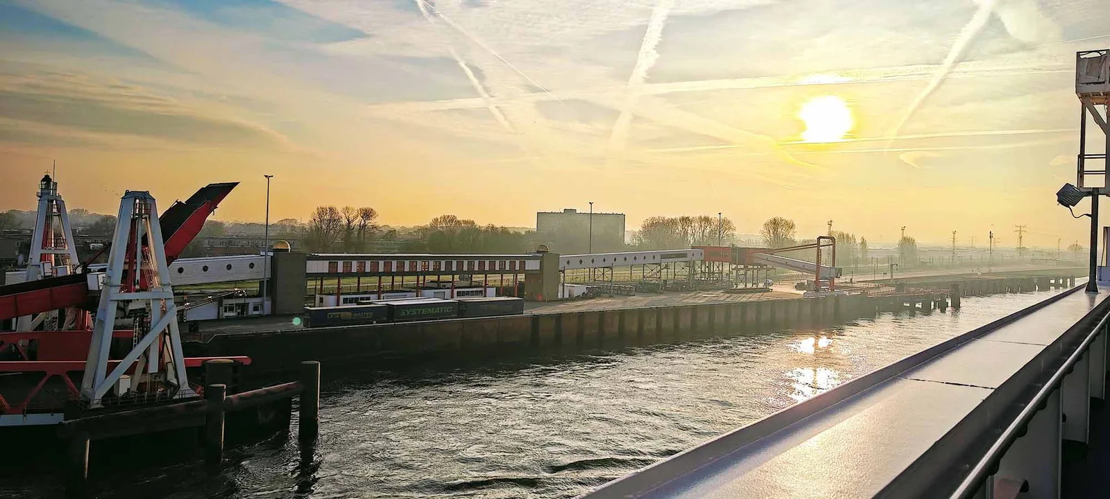 Early-morning arrival at Hook of Holland, seen from the deck of the ferry from Harwich