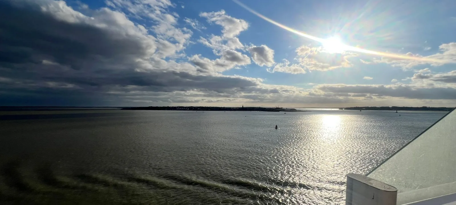 Looking back over the Harwich estuary from the deck as the ferry sails for the Netherlands