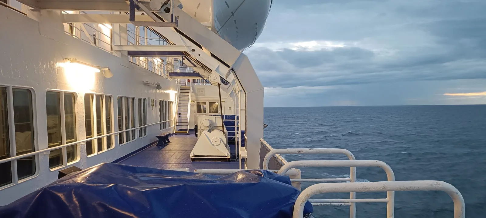 The side deck of the overnight ferry from the UK to the Netherlands in evening light