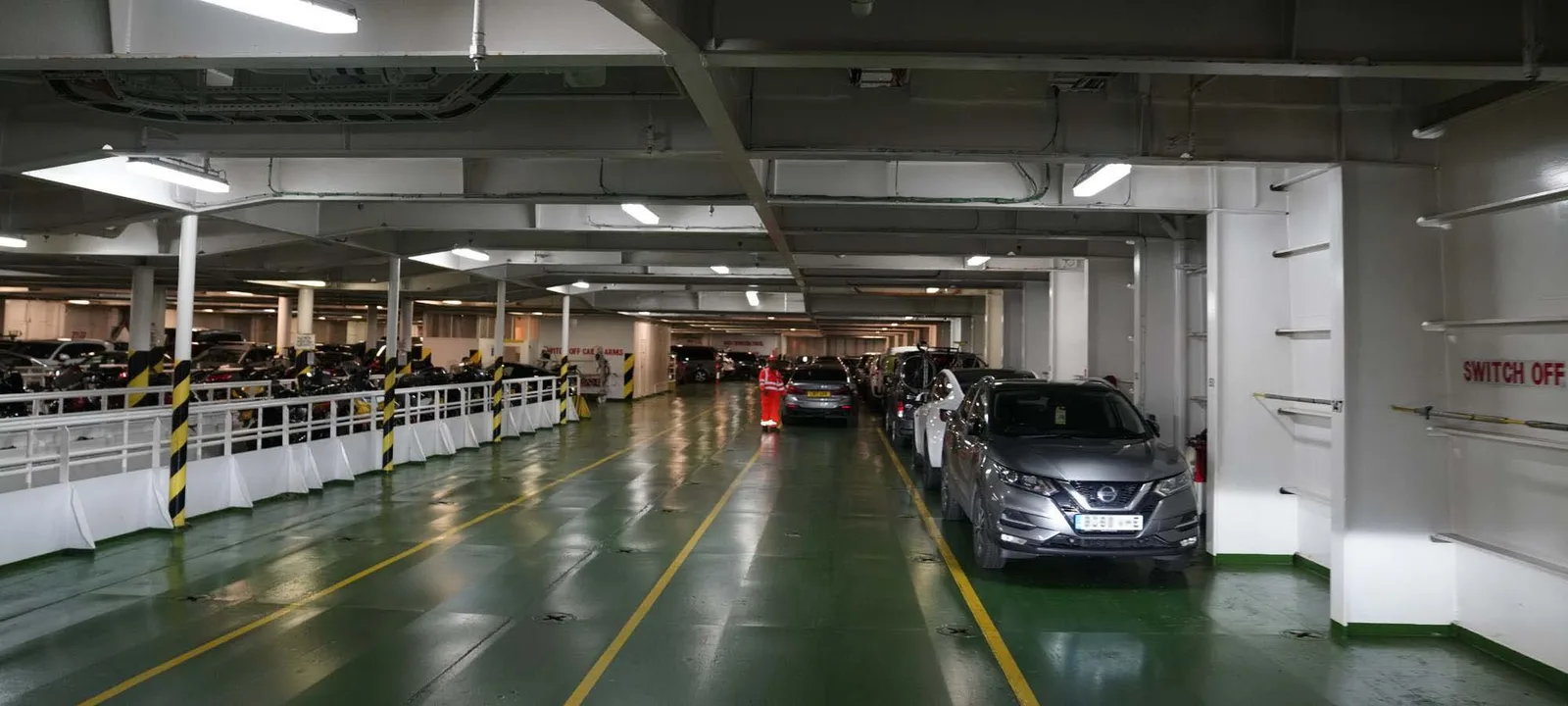 Cars and motorcycles parked on the vehicle deck of the Hull to Rotterdam ferry
