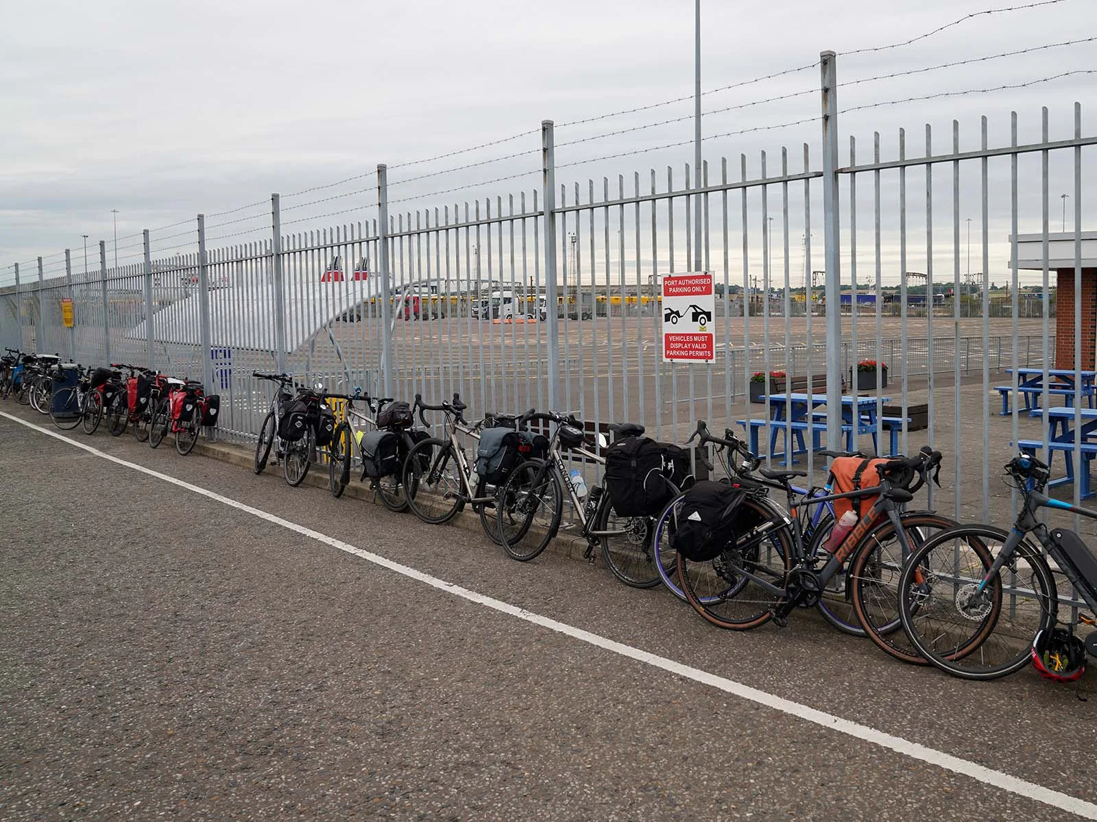 Touring bikes lined up at Harwich; the Dutch side is cycling country from the ramp