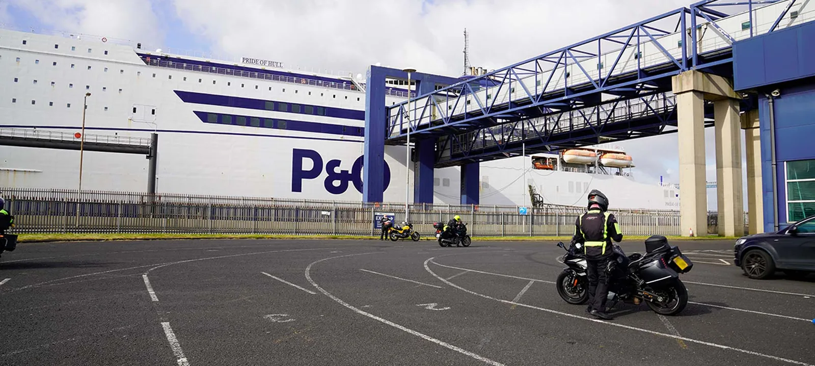 Motorcyclists waiting to board the Pride of Hull at the Hull ferry terminal